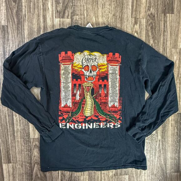 US Army Sapper Engineers Diamondbacks Skull Snake Graphic LS Tee Black M Gildan - Picture 1 of 8